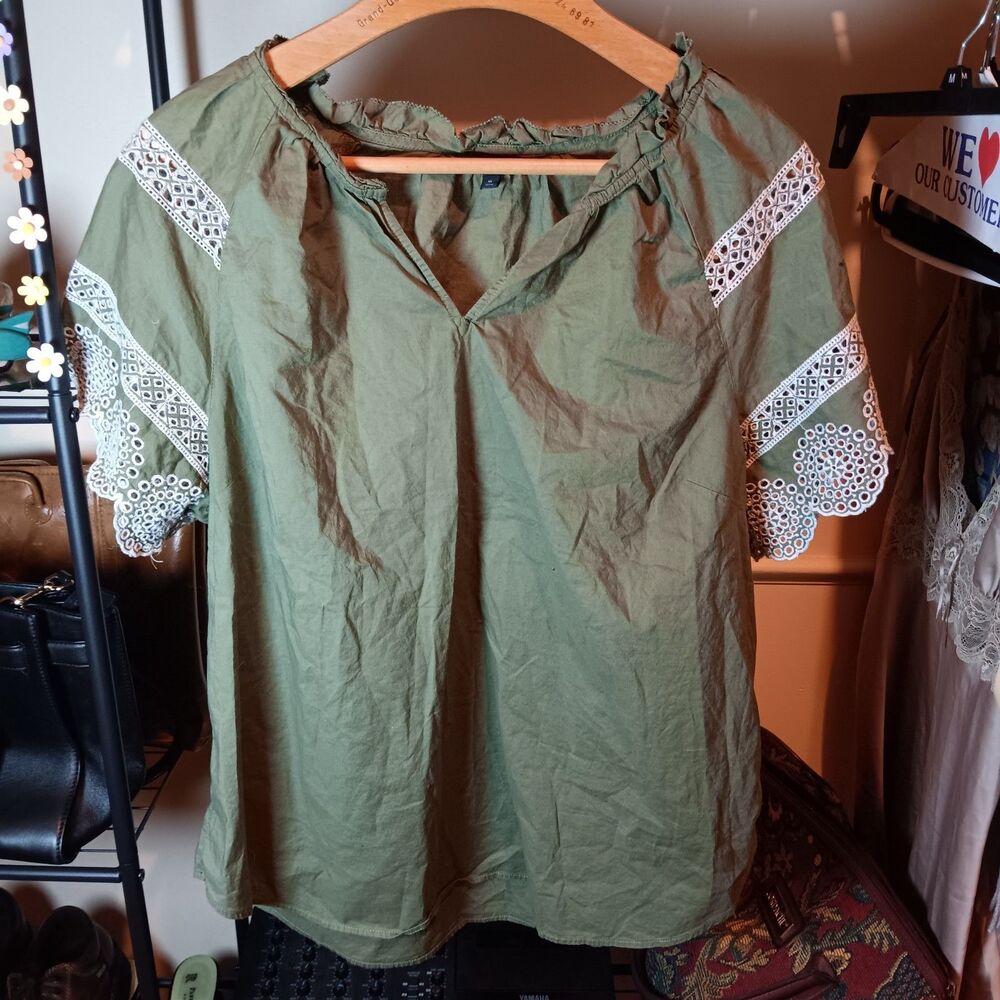 TALBOTS Tunic Shirt Green White LACE Eyelet BOHO Short Sleeve FAIRYCORE Size XL